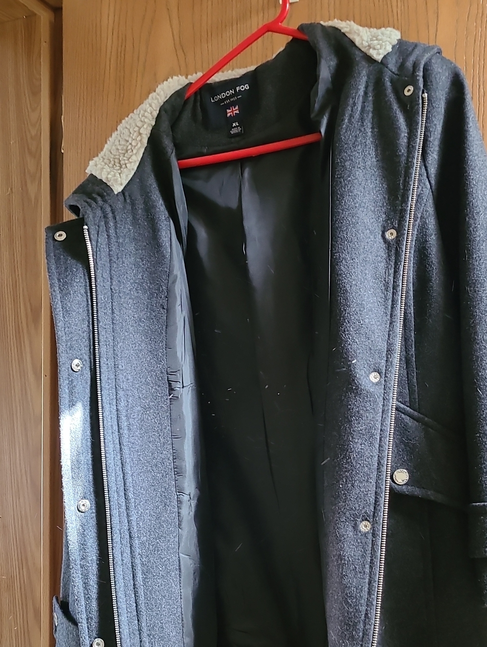 London Fog Women's Hooded Pea Coat in Charcoal Gray with Cream Lining